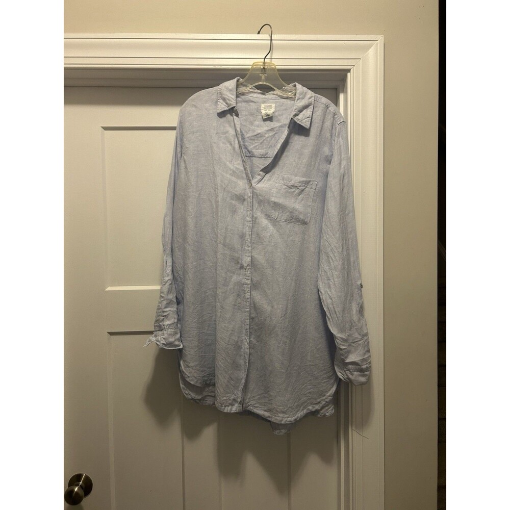 Sigrid Olsen Shirt Women's Large Blue Linen Long Sleeve Roll Tab Tunic Top Boho